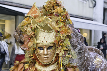 Portrait of a beautiful woman wearing an orange mask with leaves and berries during the Venetian carnival party in San Marco square