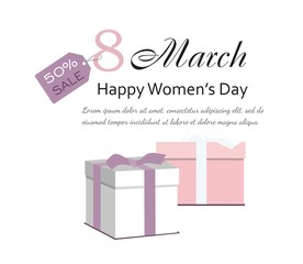 8 March Women's Day card with gifts. Sale banner Special offer 50%