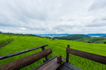 wooden balcony of the cottage in rice field
