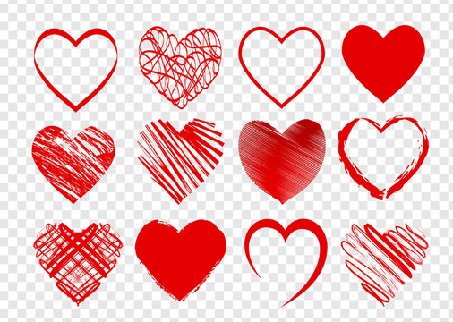 Set of red hearts for Valentines day on transparent background