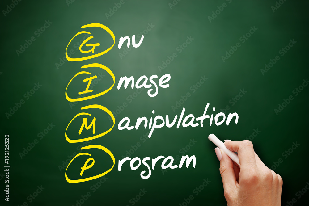 Poster GIMP - Gnu Image Manipulation Program acronym, concept on blackboard