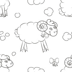 Cute sheep in the clouds. Black and white Wallpaper. Vector illustration.