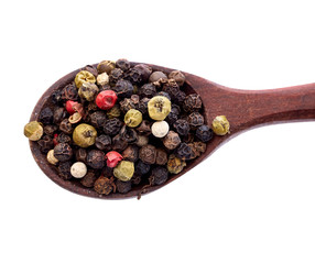 Shichimi pepper in Wooden spoon on white background,Blend of spices