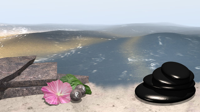 Meer mit Sandstrand auf dem an Bruchsteinen eine rosa Blüte mit Orangenblatt und chinesische Qi Gong-Kugeln liegen. Daneben steht ein Steinhaufen aus Bimssteinen. 3d render