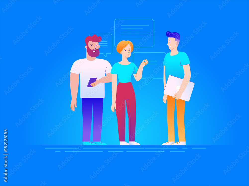Poster vector illustration in line flat style and gradient colors - teamwork concept