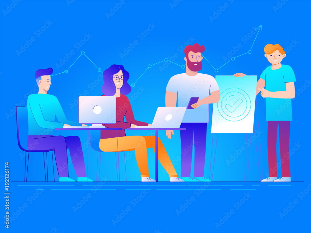 Poster vector illustration in line flat style and gradient colors - teamwork and business concept