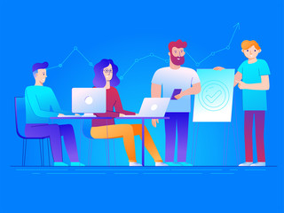 Vector illustration in line flat style and gradient colors - teamwork and business concept