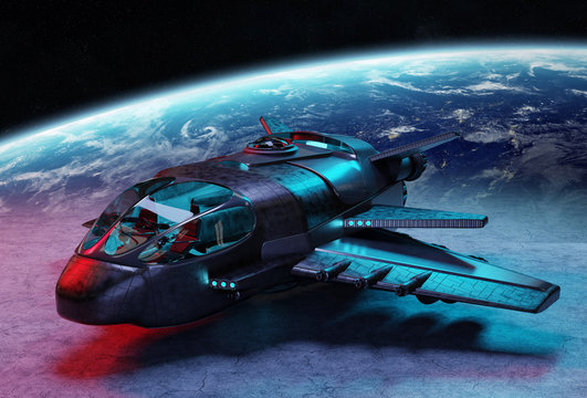 Futuristic spacecraft on planet background 3D rendering elements of this image furnished by NASA