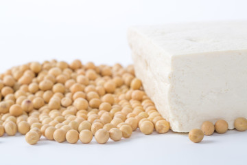 Closeup of tofu and Soybeans on white background