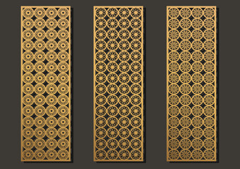 laser engraving panels set. Contemporary geometric pattern for metal cutting, paper screen, laser metallic, wood machine, partition, modular, wall cut. Arabian interior design vector illustration.
