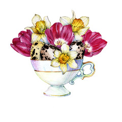 hand drawn Easter composition of spring flowers and eggs