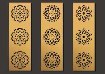 laser engraving panels set. Contemporary geometric pattern for metal cutting, paper screen, laser metallic, wood machine, partition, modular, wall cut. Arabian interior design vector illustration.