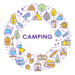 Outline illustration of  vector icons for web. Symbols of camping, outdoor activity, campgear and equipment for tourism. Travel.Camping line set.