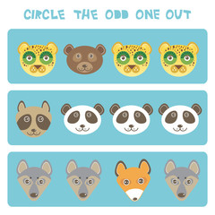 Visual logic puzzle Circle the odd one out. Kawaii animals fox raccoon panda bear wolf dog leopard, pastel colors on blue background. Vector