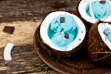 Blue ice cream in coconut bowl.