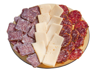 A plate with slices of sausage and cheese isolated on white background. Slices of salami, cervelat and cheese 