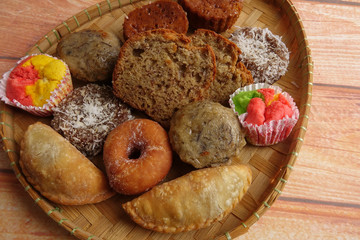 Asian traditional sweet desert on wooden board.