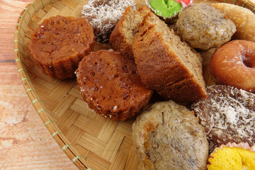 Asian traditional sweet desert on wooden board.