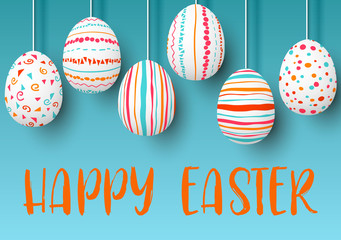 Set of white pending easter eggs with different pink, orange, red, stripes, patterns points, confetti, waves, flourishes on blue