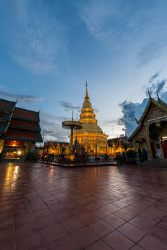 Wat Phra That Hariphunchai with Twilight time in Lamphun Province, Thailand. Most famous temple in northern of Thailand.