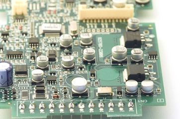 Electronic circuit board, PCB (Printed circuit board) with processor, microchips and glowing...