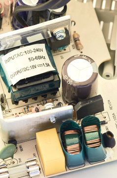 Closeup of video intercom power supply, components.