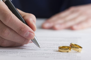 Hands of wife, husband signing decree of divorce, dissolution, canceling marriage, legal separation documents, filing divorce papers or premarital agreement prepared by lawyer. Wedding ring - 192129543