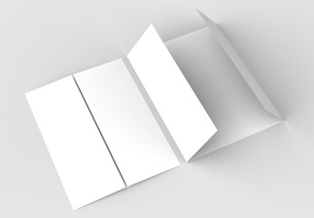 Double gate fold vertical brochure mock up isolated on soft gray background. 3D illustrating.