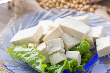 Closeup of Tofu and Soybeans. Soybeans and tofu are a good source of protein and a serious food allergen.