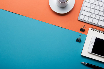 Office desk table with supplies. Flat lay Business workplace and objects. Top view. Copy space for text