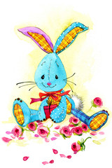Cute bunny toy hand draw watercoloe illustration