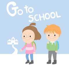 Cartoon cute boy and girl go to school vector. Blue background.