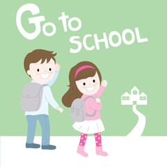 Cartoon cute boy and girl go to school together vector. Green background.