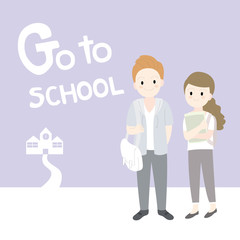 Cartoon cute young man and young woman go to school vector. Purple background.