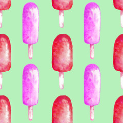 Seamless ice-cream pattern. Watercolor hand drawn summer print in unusual colors with ice lolly 