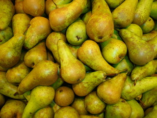 Pear texture: lots of pears harvest collected in bins at production stage. Yummy juicy pear fruit storage in supermarket. Close-up green and yellow pears stall at a famers market as fruits background.
