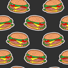 Vector seamless pattern with colorful bright tasty burgers. Black background.