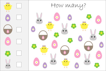 How many counting game with easter pictures for kids, educational maths task for the development of logical thinking, preschool worksheet activity, count  and write the result, vector illustration