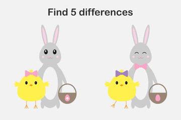 Fototapeta premium Find 5 differences, easter game for children, chick and bunny in cartoon style, education game for kids, preschool worksheet activity, task for the development of logical thinking, vector illustration
