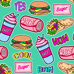 Fast food seamless pattern. Repeating background with sugar packs, canned beverages (carbonated drinks), chicken rolls, burgers, etc. Patches, badges, pins, stickers. Green background.