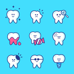 Dental care Vector Set of tooth cartoon character design. White smile, teeth care. Funny teeth with different emotions.