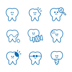 Dental care Vector Set of tooth cartoon character design. White smile, teeth care. Funny teeth with different emotions.