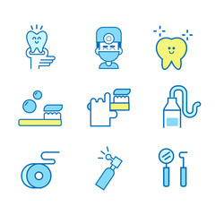 Dental care flat decorative icons set with stomatologist tools teeth care products and white smile symbols. Isolated vector illustration