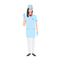 Smiling female doctor or nurse wearing scrubs and holding syringe. Young woman medic or surgeon dressed in medical uniform. Cute cartoon character isolated on white background. Vector illustration.