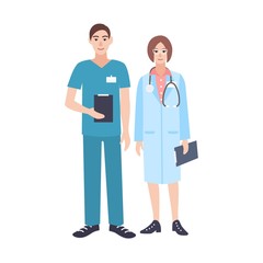 Fototapeta premium Pair of male and female doctors wearing scrubs and physician coat. Man and woman medical practitioners dressed in uniform. Smiling cartoon characters isolated on white background. Vector illustration.