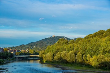 Fototapeta na wymiar Panorama with river Po and Basilica of Superga. Turin (Torino), Italy.