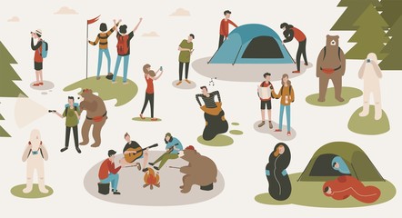 Set of tourists or backpackers pitching tent, hiking, sitting around bonfire, singing songs and playing guitars at camping or forest camp. Backpacking trip or expedition. Cartoon vector illustration.