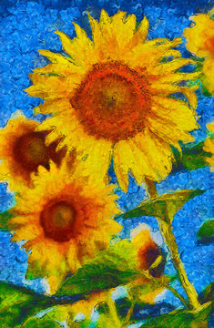 Sunflowers painting. Impressionist painting.Van Gogh style imitation.