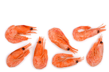 Red cooked prawn or shrimp isolated on white background with copy space for your text. Top view. Flat lay
