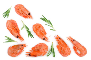 Red cooked prawn or shrimp with rosemary isolated on white background with copy space for your text. Top view. Flat lay